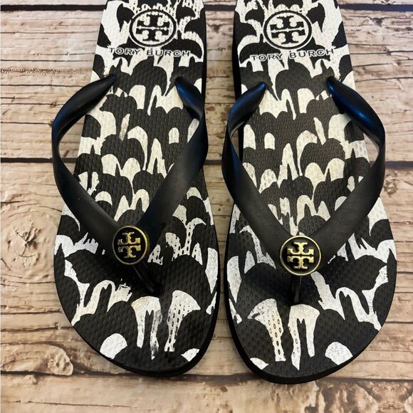 Tory Burch Wedge Flip Flop Thong Sandals Black White Size 9-10 see sizing - Picture 2 of 16